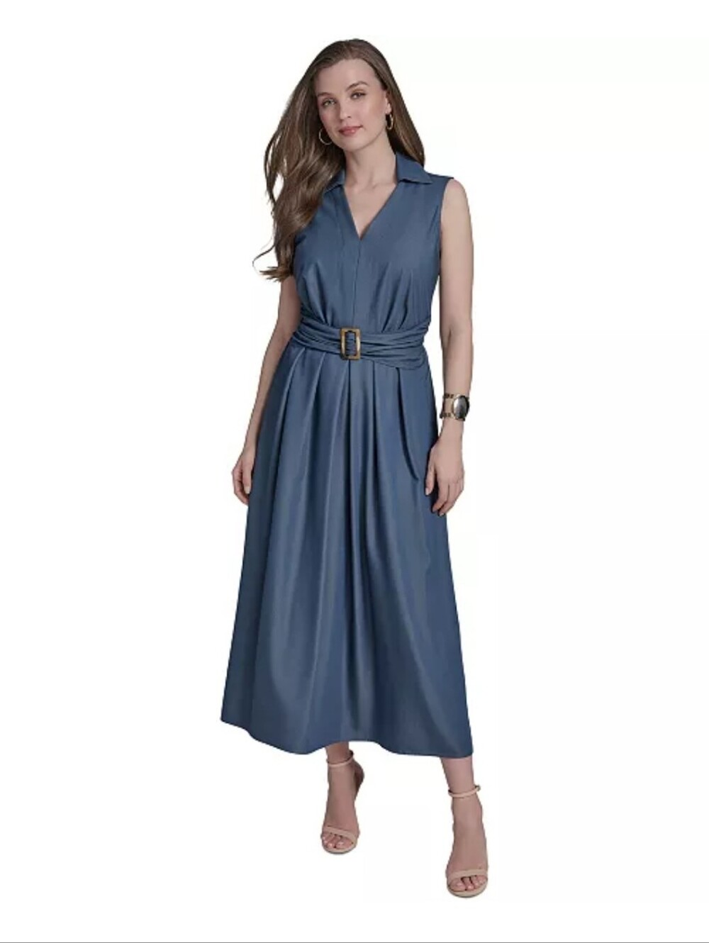 Halston NWT Blue Belted Sleeveless Maxi Dress Size 12 Rayon Nylon $139 Evening